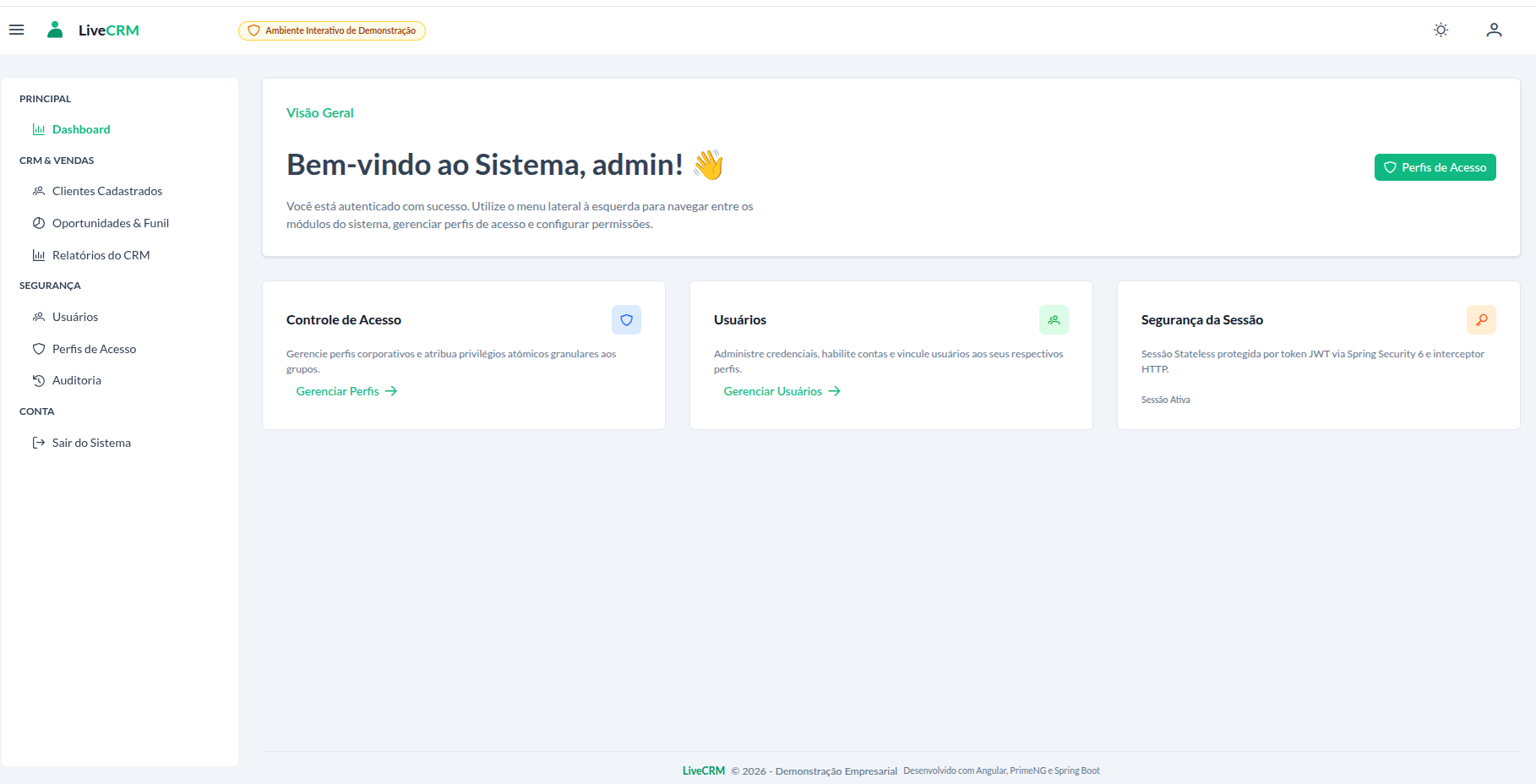 Interface de demonstração da base corporativa Live CRM