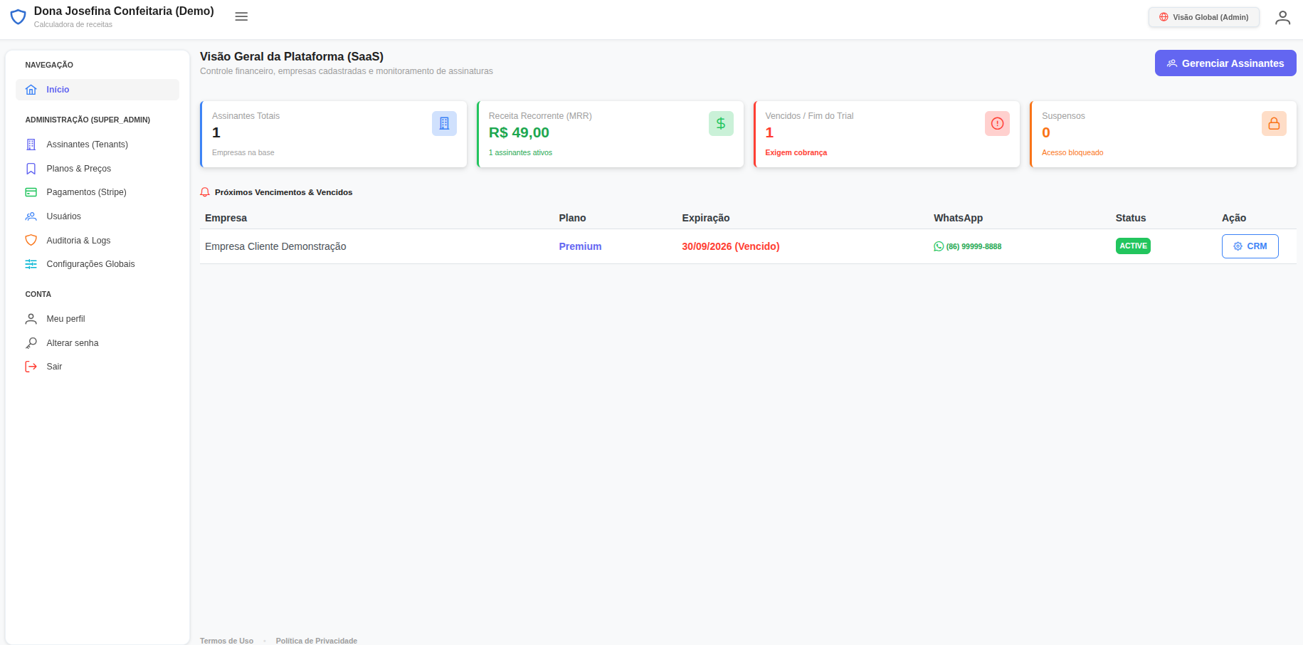 Interface de demonstração da arquitetura Micro-SaaS